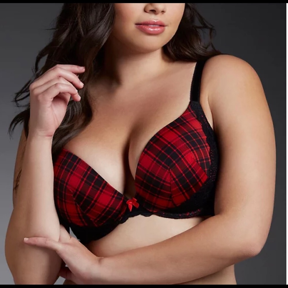 NWOT PLAID MICROFIBER & LACE PUSH-UP PLUNGE BRA
